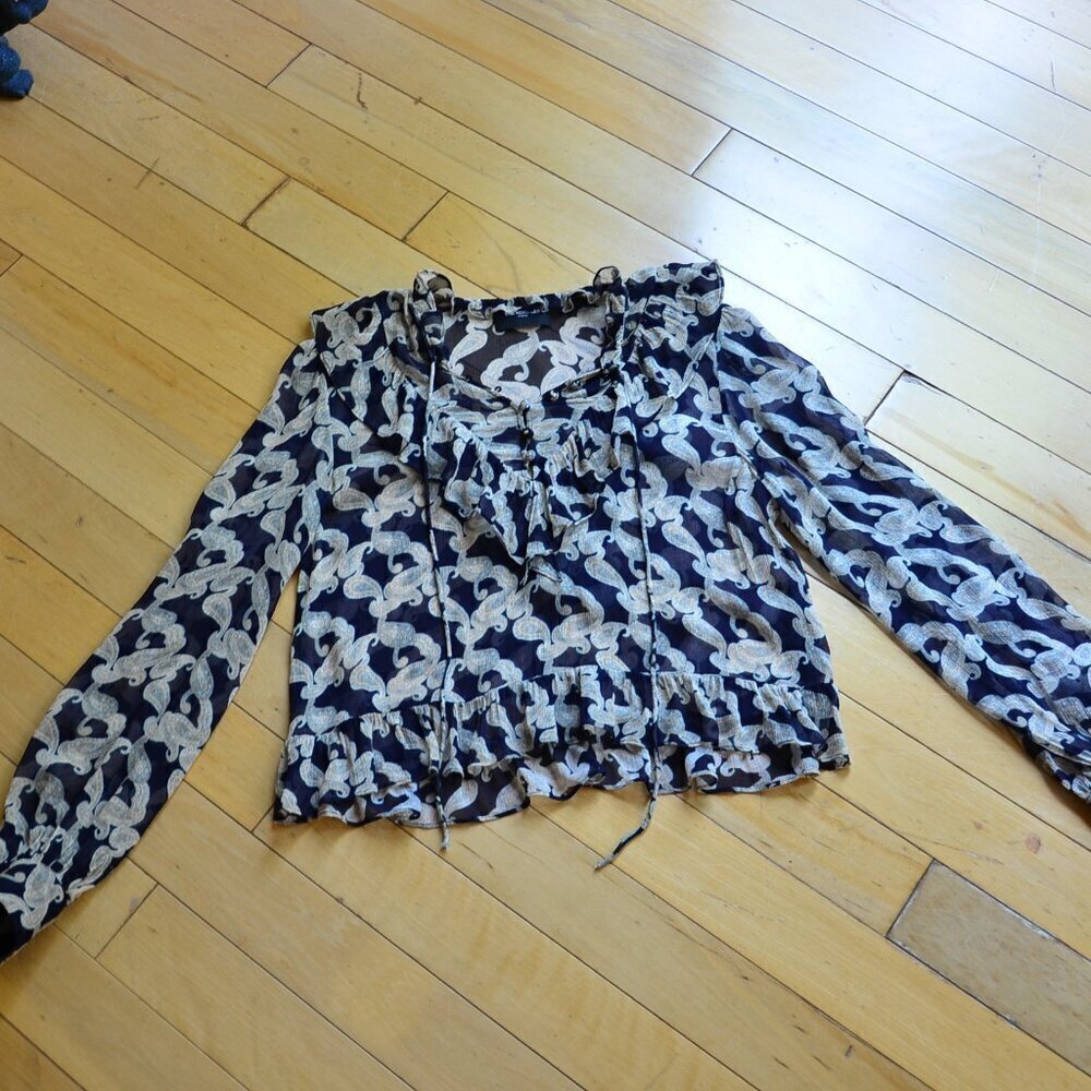 The Kooples Printed navy blue top with frills Size 1 US XS
